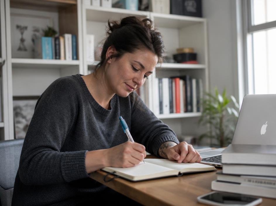 Woman writing her manuscript at a desk with books and a laptop