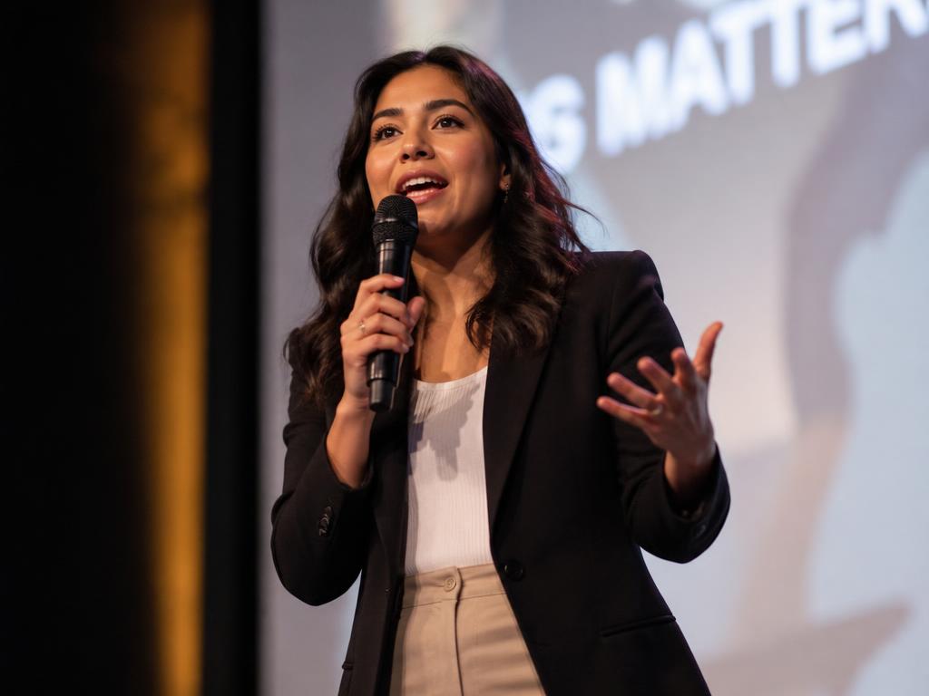 Woman speaking boldly into a microphone on stage